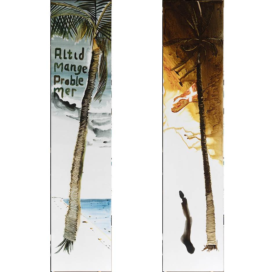 To the left: Altid mange problemer · 2017 · 450 x 100 cm. To the right: Dannebrog in a Palmtree · 2017 · 450 x 100 cm. Photo: Anders Sune Berg.